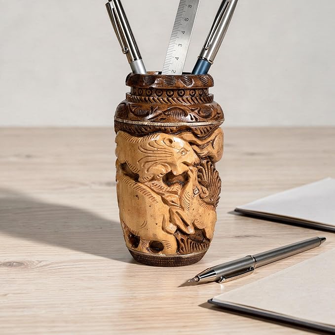 Craft Trade Hand Carved Wood Pen Holder for Desk Organizer for Home School Office Supplies Pencil Cup Pot Storage Box Suitable for Stationery - Vintage Wood