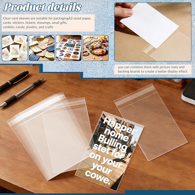 200 Pack Cellophane Bags Self Sealing, Resealable Clear Plastic Sleeves for A2 Greeting Cards and Envelope Photos Art Prints Paintings Cookie Candy, 4-5/8 x 5-3/4 Inch