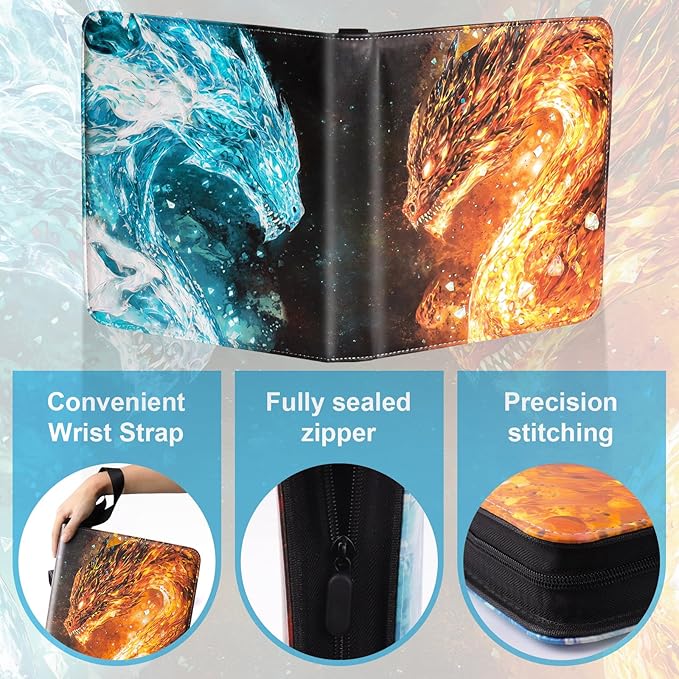 Dragon 9 Pocket Trading Card Binder Album, Holds 900 Cards with 50 Removable Double-Sided Sleeves, Waterproof PU Leather Zipper Binder for TCG, MTG, Sports Cards