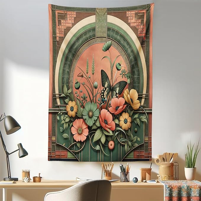 Ambesonne Boho Tapestry, Traditional Japanese Ornaments with Floral Balcony with Butterfly Spring, Fabric Wall Hanging Decor for Bedroom Living Room Dorm, 30" X 45", Dark Salmon Laurel Green
