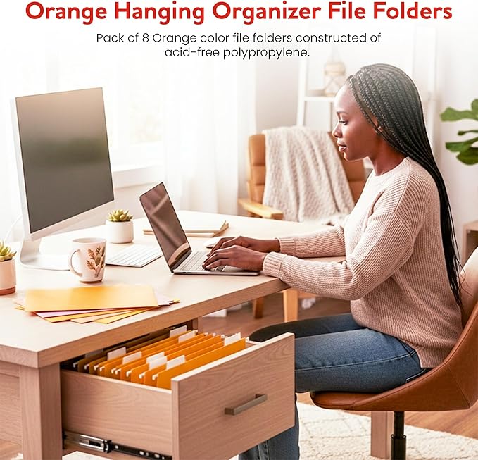 Orange Hanging File Folders – 8 Pack, Letter Size File Organization Folders for Home, Office, School & Filing Cabinets