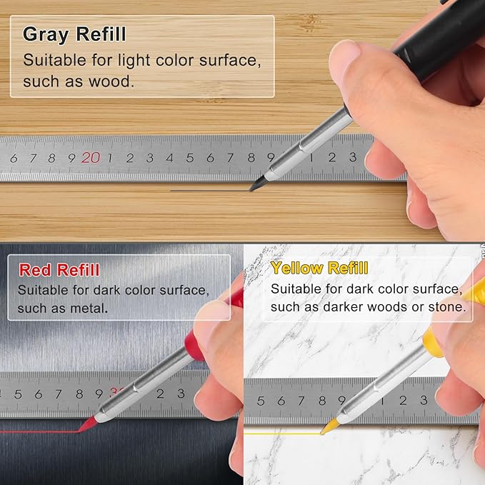 MECHEER 3 Pack Carpenter Pencils Mechanical Pencils with 36 Refills, Construction Pencils with Built-in Sharpener, Long Nib Deep Hole Heavy Duty Woodworking Pencil Marker for Architect (3 Colors)
