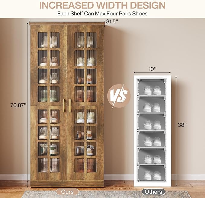 Tribesigns Tall Shoe Cabinet with Doors, 8-Tier Shoe Storage with Adjustable Shelves, Modern Shoe Organizer Shoe Rack Cabinet for Entryway, Hallway, Closet, Living Room, Rustic Brown