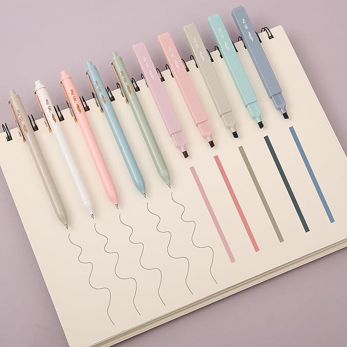 Mr. Pen Aesthetic Highlighters and Gel Pens, 10 Pack Assorted Colors Bible Highlighters No Bleed, Morandi Barrels Black Ink Pens