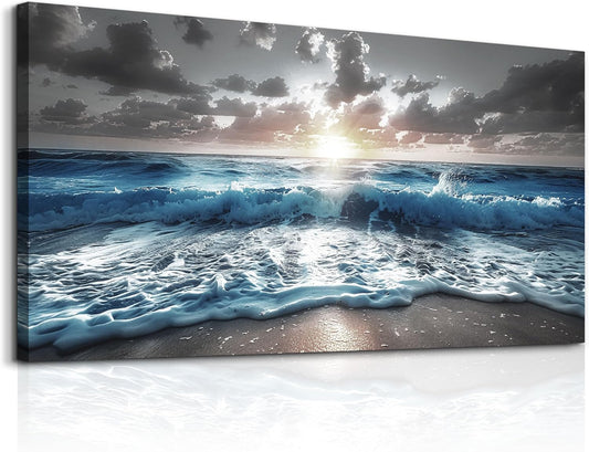 hyidecorart Canvas Wall Decor For Office Large Wall Art For Living Room Blue Beach Painting Sea Waves Sunshine Wall Pictures Bedroom Home Decorations Prints Posters Mural Artwork Ready To Hang