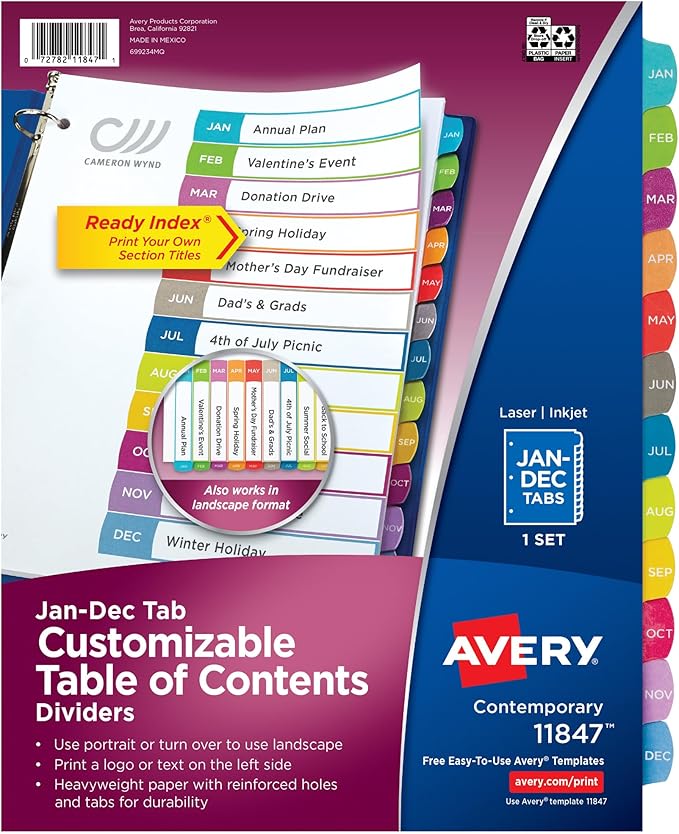 Avery Jan-Dec Dividers for 3 Ring Binders, 12 Tabs per Set, Customizable Table of Contents, Multicolor Arched Tabs, Great for Organizing Reports, Projects, and More (11847)