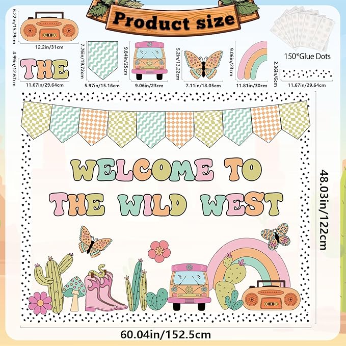 Welcome Bulletin Board Decorations Set, Groovy Wild Western Classroom Decorations Cacti, Bus, Rainbow Cutouts for Welcome Back to School Teachers Supplies Classroom Door Wall Decor