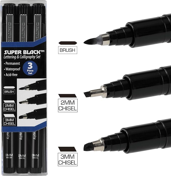 Creative Mark Calligraphy & Fineliner Pen Set of 3 Lettering & Calligraphy Drawing - Super Black, Permanent, Waterproof, & Acid-Free Chisel Nylon-Nibs Pens & Medium Brush Tip