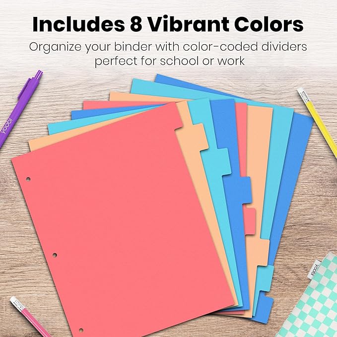 Yoobi 2 Inch Binder and 8 Tab Dividers Set, 4 Pack of 3 Ring Binders with Plastic Cover, 2 Pockets and D Rings, 4 Pack of Binder Organizer Tabs with Blank Sticky Labels, Office or School Supplies