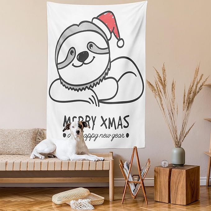 Ambesonne Sloth Tapestry, Smiling Animal Christmas Hat Merry Xmas and Happy New Year Celebration, Wall Hanging for Bedroom Living Room Dorm Decor, 40" X 60", Grey Red Black