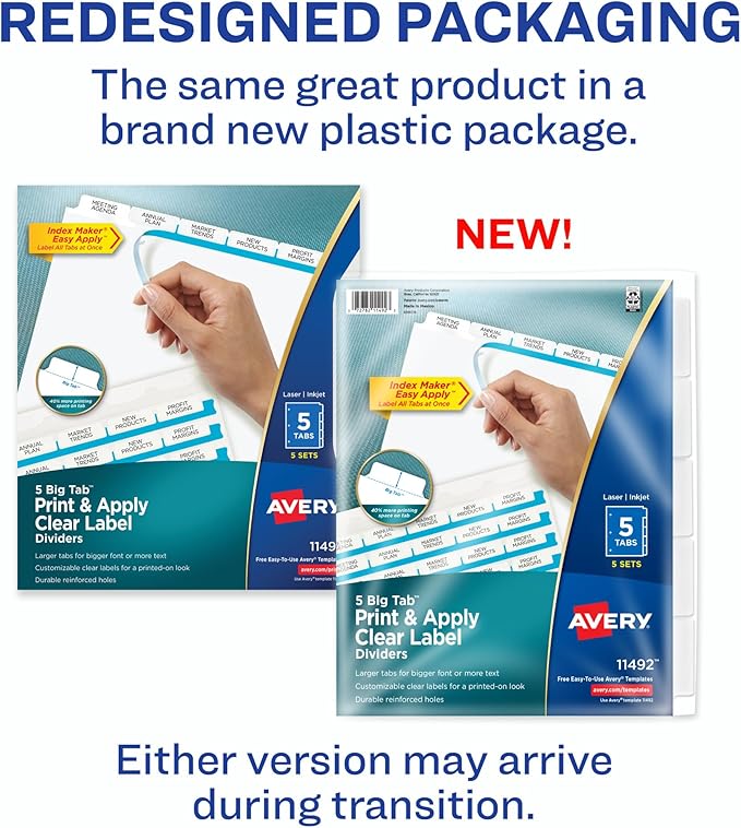 Avery 5 Big Tab Dividers for 3 Ring Binder, Easy Print & Apply Clear Label Strip, Index Maker Customizable White Tabs, 5 Sets (11492)