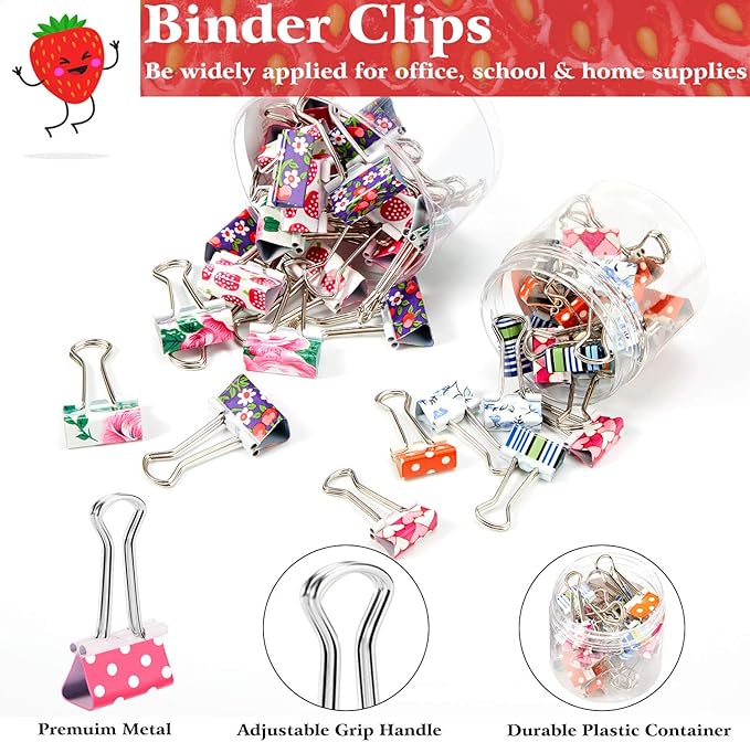 Outus 48 Pcs Cute Binder Clips with Box 2 Sizes Floral Office Clips Supplies Assorted Designs Colorful Printing Small Mini Decorative Binder for Paper Notebooks Office Home 0.75 Inch 1 Inch