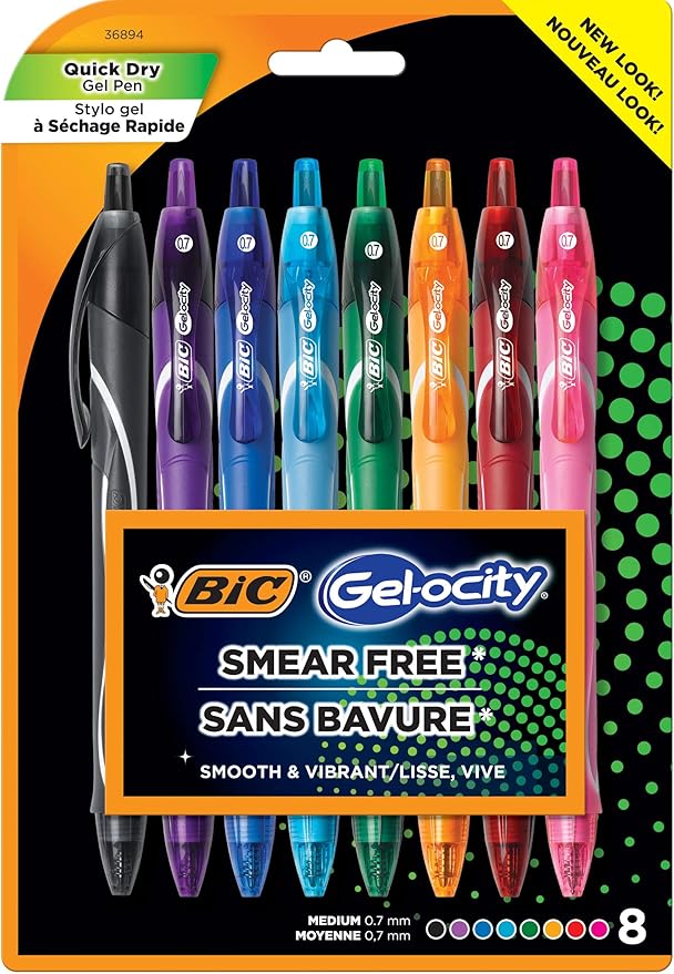 BIC Gelocity Quick Dry Assorted colors Gel Pens, Medium Point 0.7 mm, Smear Free, Retractable Gel Pens With Comfortable Full Grip, 8 Pack