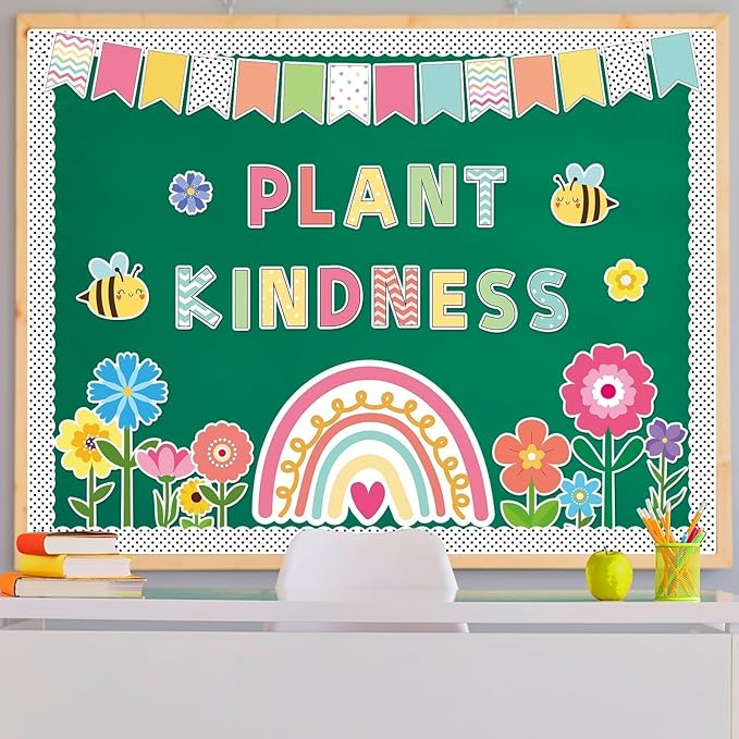 98 Pcs Spring Floral Flowers Bulletin Board Decorations Plant Kindness Bulletin Board Set Spring Floral Classroom Decor Rainbow Flowers Bee Cutouts for Primary School Home Wall Decorations