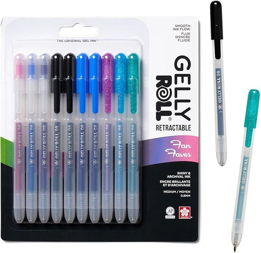 SAKURA Gelly Roll Retractable Gel Pens Colored - Sparkle Color Set - Art Gifts, Holiday Gifts & DIY Projects - Medium Point - With Glitter, Metallic, Blue & Black Pens - 10 Pack