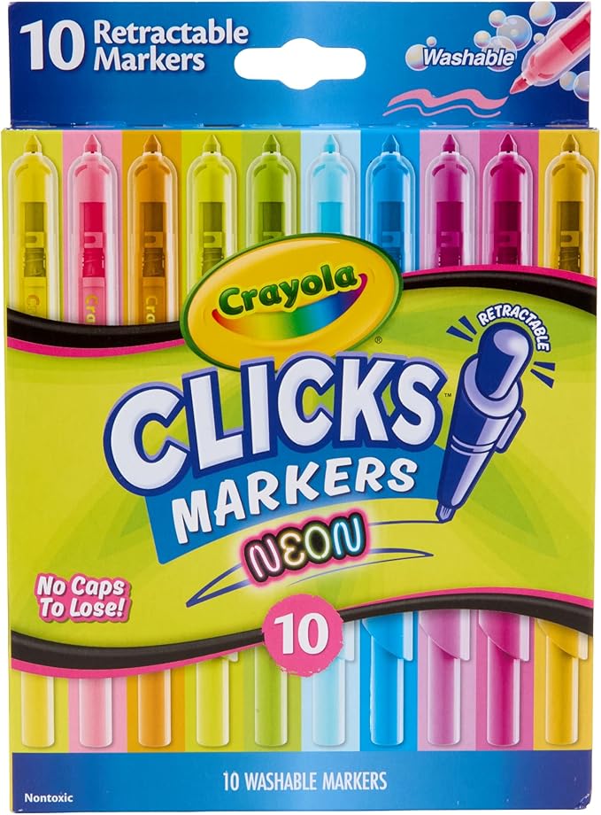 Crayola Clicks Retractable Tip Neon Markers (10ct), No Drying Washable Art Marker Set, Coloring Markers for Kids, Gifts for Boys & Girls, 3+