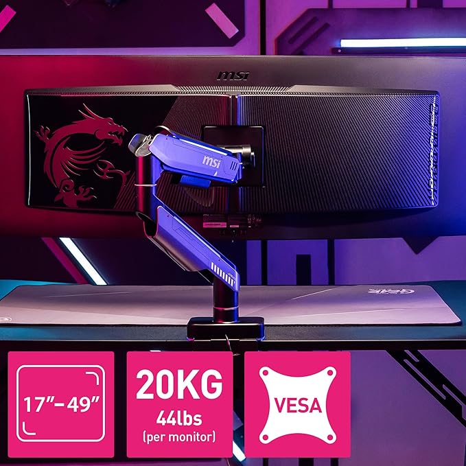 MSI MPG MT201R V2 - Premium RGB Single Monitor Stand Arm, Supports 17-49" Screens and 44 lbs, VESA Compatible, Adjustable Heavy Duty Gas Spring Mount, Clamp & Grommet, Quick Release Plate - Gray