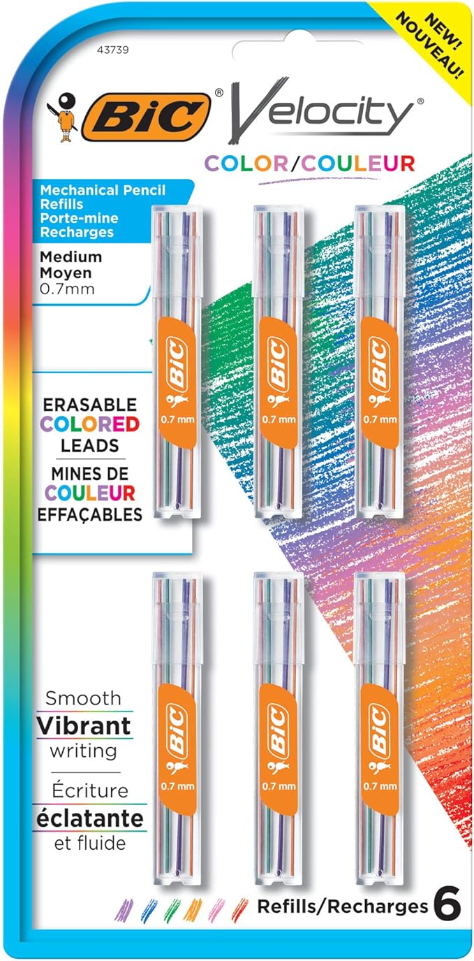 BIC Velocity Colored Lead Mechanical Pencil Refills, Medium Point (0.7mm), Assorted Colors, 36-Count Pack