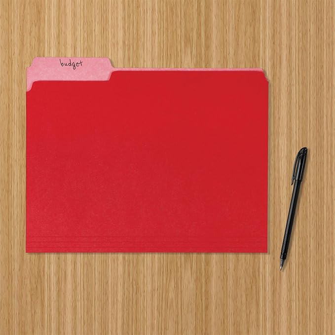Amazon Basics File Folders for Organization, Letter Size, 1/3 Cut Tab, Red, 36-Pack