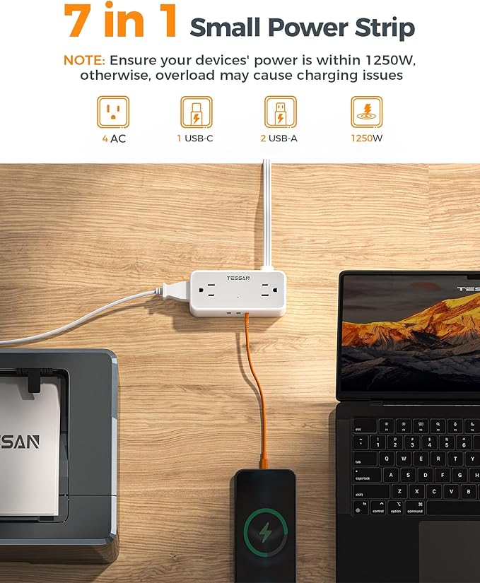TESSAN Flat Plug Extension Cord 5 FT, Surge Protector Power Strip with 4 AC Outlets 1 USB C and 2 USB A Ports, 900 Joules Protection, 1250W, Multiple Wall Outlet Extender Suitable for Home Office Dorm