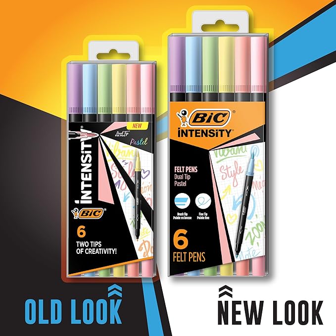 BIC Intensity 2 in 1 Dual Tip Fineliner Pens, Fine Tip (0.7mm) and Flexible Brush (3.7mm), Assorted Pastel Colors, 6-Count Pack