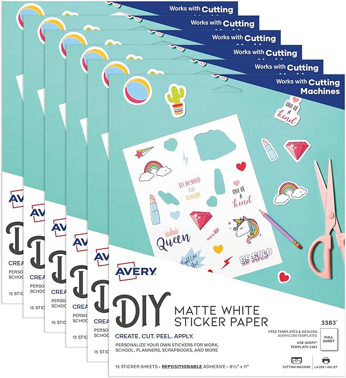 Avery Printable Sticker Paper, 8.5" x 11", Matte White, Repositionable Adhesive, Laser/Inkjet Compatible, 90 Full-Size Label Sheets, Great for Product Labels, Cute Stickers, and More (6-Pack of 3383)