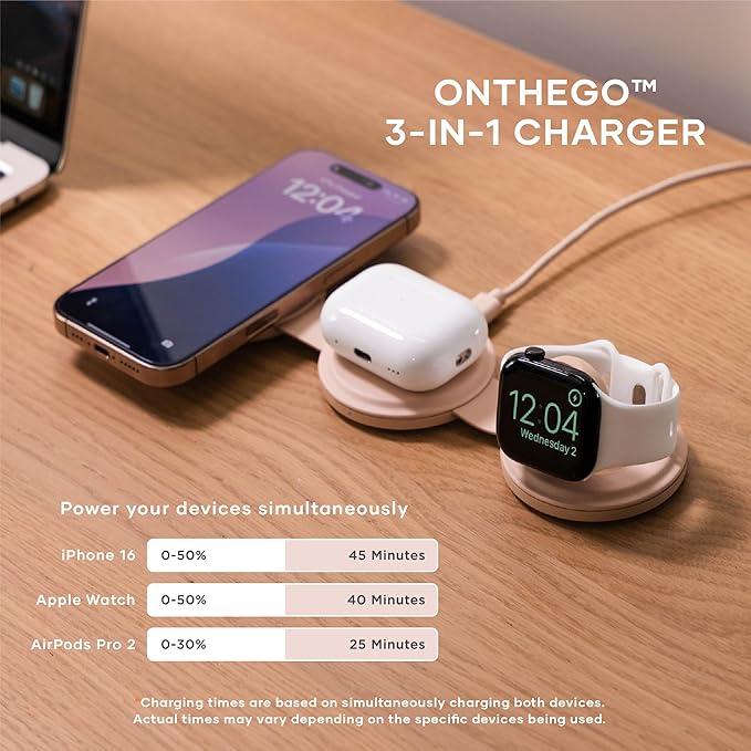Satechi OntheGo™ 3 in 1 Wireless Charger, Qi2 Portable Charger with 15W Fast Charging for iPhone 17 to 12 series, 5W for Apple Watch, and 5W for AirPods, Magnetic Travel Charging Station – Desert Rose