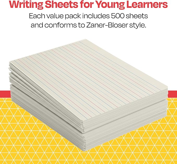 School Smart Zaner-Bloser Writing Paper, Handwriting Practice Lined Paper, Grade 1 Learning, 7/8 Inch Rule, 10-1/2 x 8 Inches, 500 Sheets