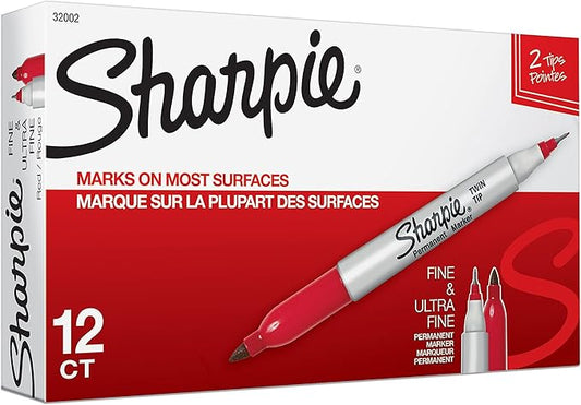 Sharpie Twin Tip Permanent Markers, Fine and Ultra Fine, Red, 12 Count