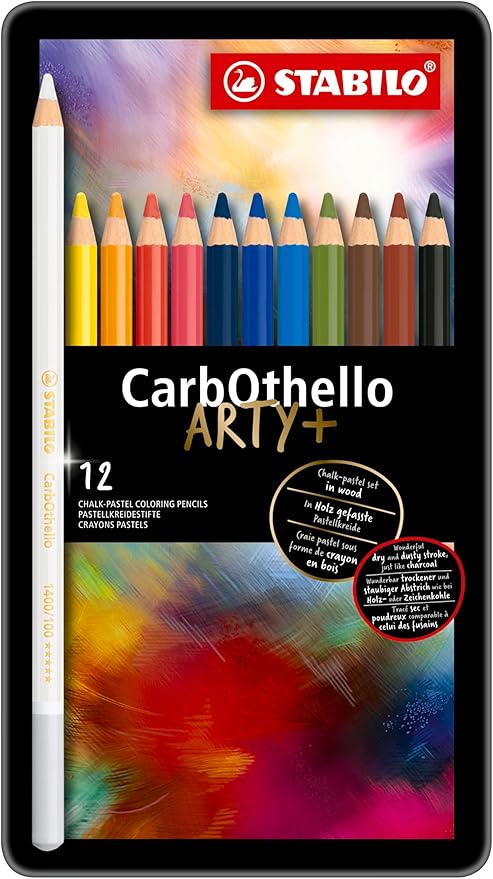 STABILO Chalk-Pastel Artist Colored Pencil CarbOthello ARTY, Tin Set of 12, Watercolor Effects, Sketching, Drawing, Coloring