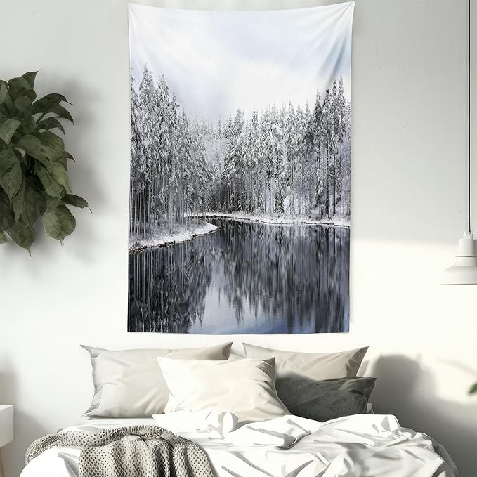 Ambesonne Woodland Tapestry Twin Size, Lake Surrounded by Snow Covered Trees on a Cold Winter Day in Finland Reflections, Wall Hanging Bedspread Bed Cover Wall Decor, 68" X 88", White Brown