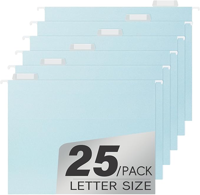 High Capacity Blue Hanging File Folders,Pastel Colors,Heavy Duty for Filing Cabinet,Insertable Tabs,Letter Size-25 Pack
