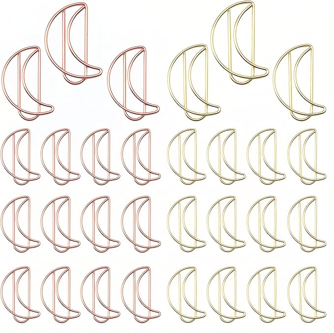 30 Pcs Moon Shaped Paper Clips Set in Gold & Rose Gold, Metal Cute Paperclips Bookmarks Planner for Office and School File Organization, Party and Wedding Decor