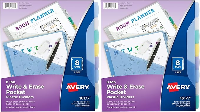 Avery Write & Erase Pocket Plastic Dividers for 3 Ring Binders,8-Tab Sets,Multicolor,Tabs Viewable Beyond Sheet Protectors,1 Set (16177),(Pack of 2)