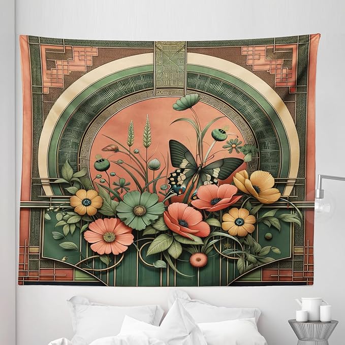 Ambesonne Boho Tapestry King Size, Traditional Japanese Ornaments with Floral Balcony with Butterfly Spring, Wall Hanging Bedspread Bed Cover Wall Decor, 104" X 88", Dark Salmon Laurel Green