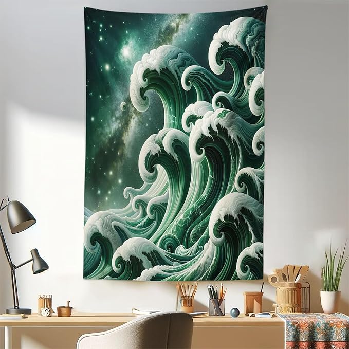 Ambesonne Green Tapestry, Bold Marble Print Ocean Waves with a Realistic Galaxy Space Starry Sky Illustration, Fabric Wall Hanging Decor for Bedroom Living Room Dorm, 30" X 45", Dark Teal