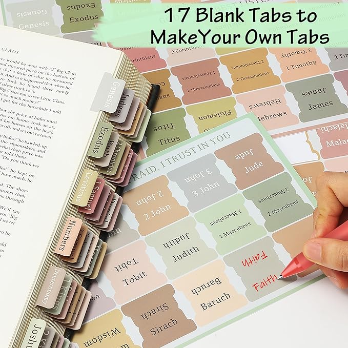 12 Bright No Bleed Bible Gel Highlighters & 5 Pens with 90 Laminated Bible Tabs, Aesthetic Bible Journaling Kit School Supplies for Women & Men(73 Pre-Printed & 17 Blank Tabs)
