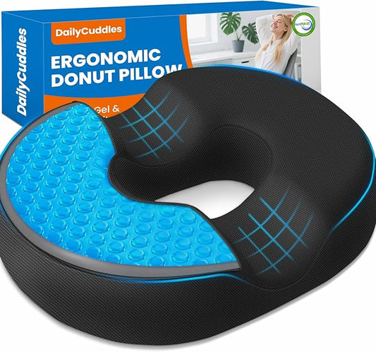 Donut Pillow for Tailbone Pain, Hemorrhoids - Cooling Gel Memory Foam Chair Seat Cushion for Office, Home & Wheelchair, Ergonomic Chair Pad for Pregnancy, Sciatica, Coccyx (XXL, Black)