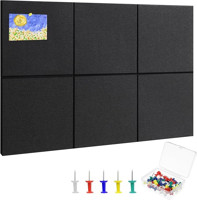 Large Cork Board 28" x 19", 6 Pack Felt Bulletin Board with Pushpins, Cork Boards Alternative with Self-Adhesive Strips, Felt Wall Tiles Pin Boards for Walls Office Home School Decor-Black