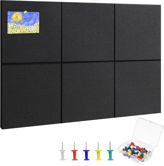 Large Cork Board 28" x 19", 6 Pack Felt Bulletin Board with Pushpins, Cork Boards Alternative with Self-Adhesive Strips, Felt Wall Tiles Pin Boards for Walls Office Home School Decor-Black