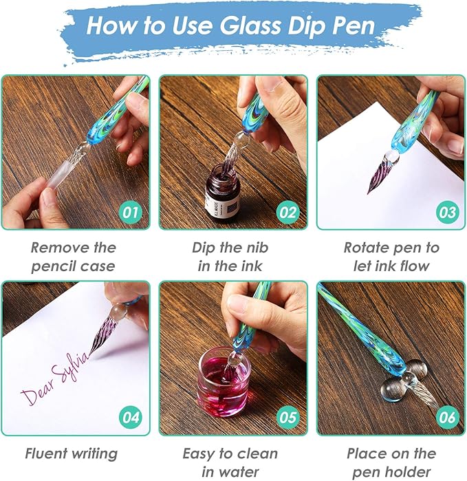 Outus 9 Pieces Glass Dip Pen Handmade Glass Signature High Borosilicate Crystal Vintage Dip Pen with 9 Pieces Penholder for Writing Drawing Calligraphy(Fashion Style,Mixed Color)