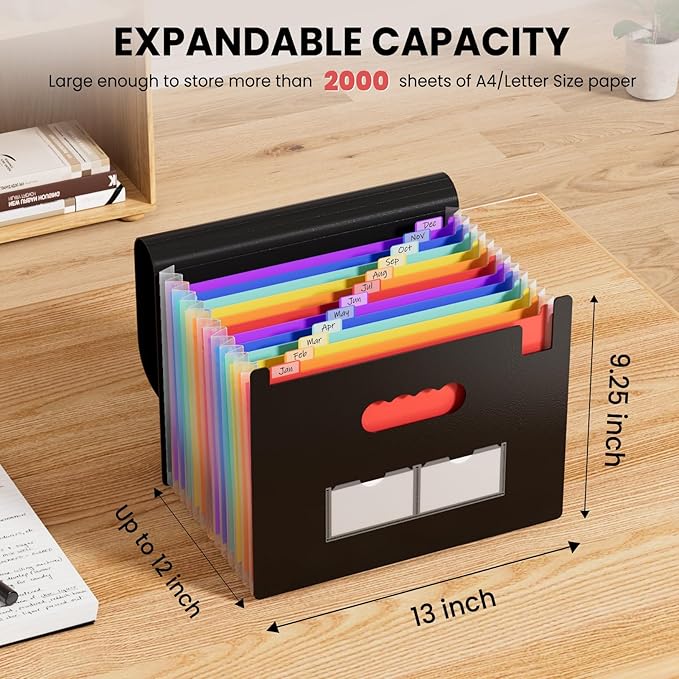 Sooez Accordion File Organizer, 13 Pockets Expanding File Folder, Portable Monthly Paper Bill Tax Receipt Organizer, Letter A4 Size Document Holder with Blank Labels