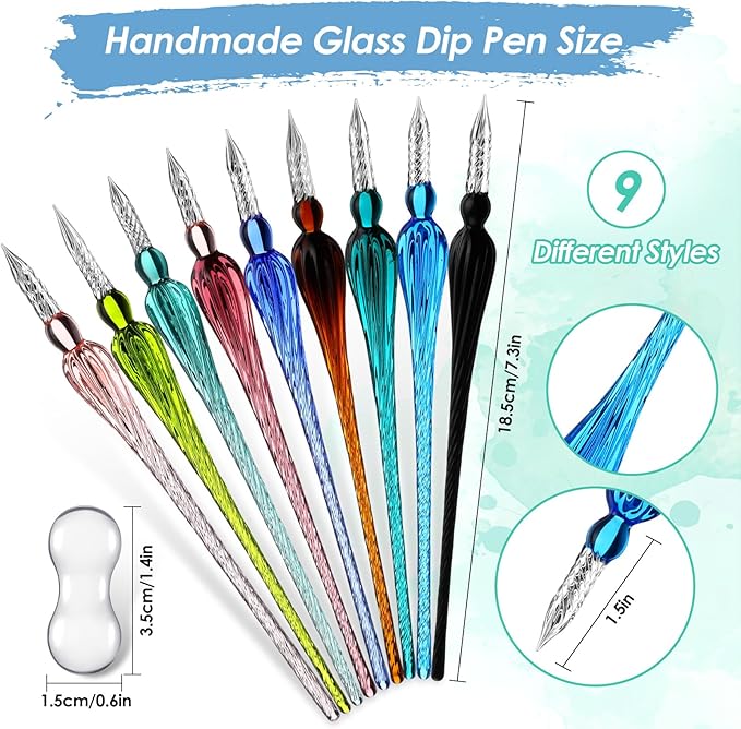 Outus 9 Pieces Glass Dip Pen Handmade Glass Signature High Borosilicate Crystal Vintage Dip Pen with 9 Pieces Penholder for Writing Drawing Calligraphy(Popular Style,Bright Color)