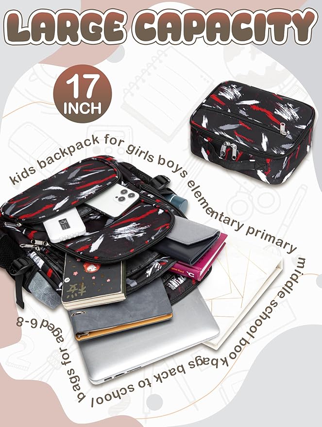 BLUEFAIRY Kids Backpack with Lunch Box for Girls Boys Elementary Primary Middle School Bag with Lunch Bag Set 17 Inch Bookbag Mochilas Escolares para Niñas Niños (Brush Dark, Dark Black)
