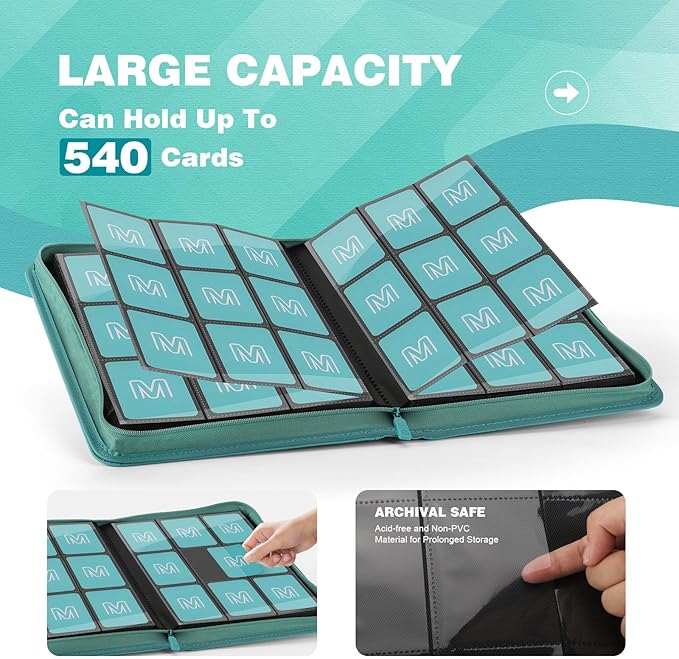 Trading Card Binder with 9 Side Loading Pocket Card Album Hold Up to 540 Cards PU Card Collection Binder, Collectible Albums Card Folder for MTG, TCG, Sports Cards（9-Cyan）