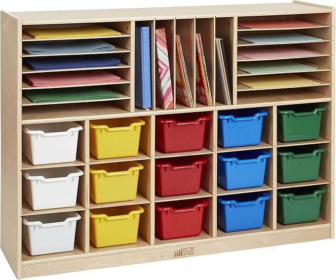 ECR4Kids Multi-Section Mobile Cabinet with Scoop Front Storage Bins, Classroom Furniture, Assorted, 16-Piece