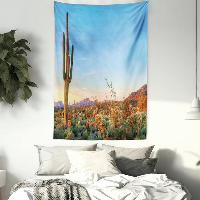 Ambesonne Saguaro Tapestry Twin Size, Sun Goes down in Desert Prickly Pear Cactus Southwest Texas National Park, Wall Hanging Bedspread Bed Cover Wall Decor, 68" X 88", Orange and Blue