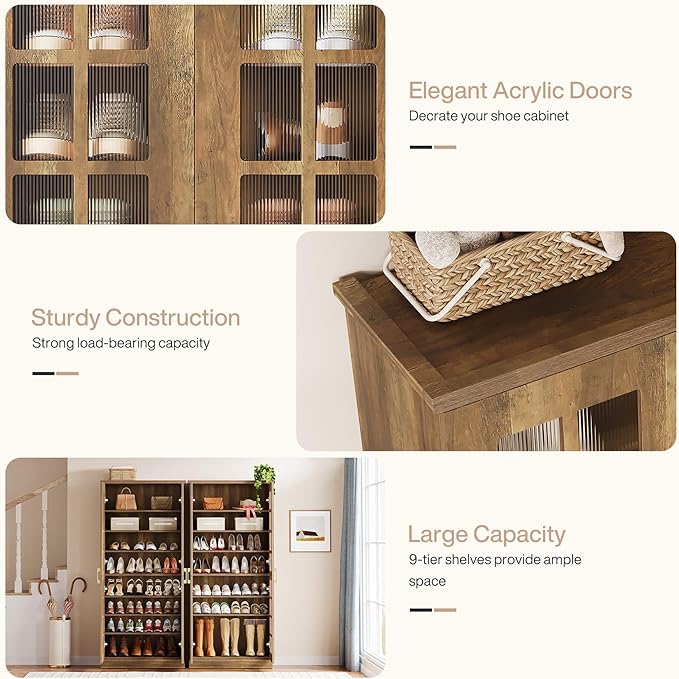Tribesigns Tall Shoe Cabinet with Doors, 8-Tier Shoe Storage with Adjustable Shelves, Modern Shoe Organizer Shoe Rack Cabinet for Entryway, Hallway, Closet, Living Room, Rustic Brown