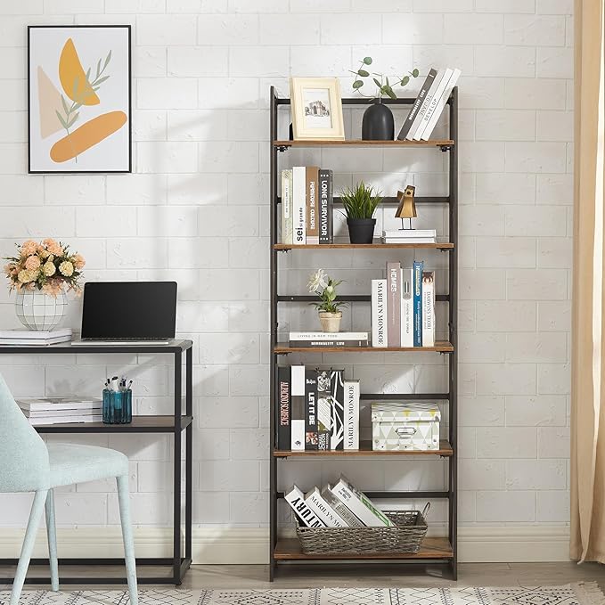 VECELO Folding Bookshelf, 5-Tier Foldable Bookcase Easy Assembly, Industrial Tall Book Shelf Storage Organizer for Living Room/Home Office