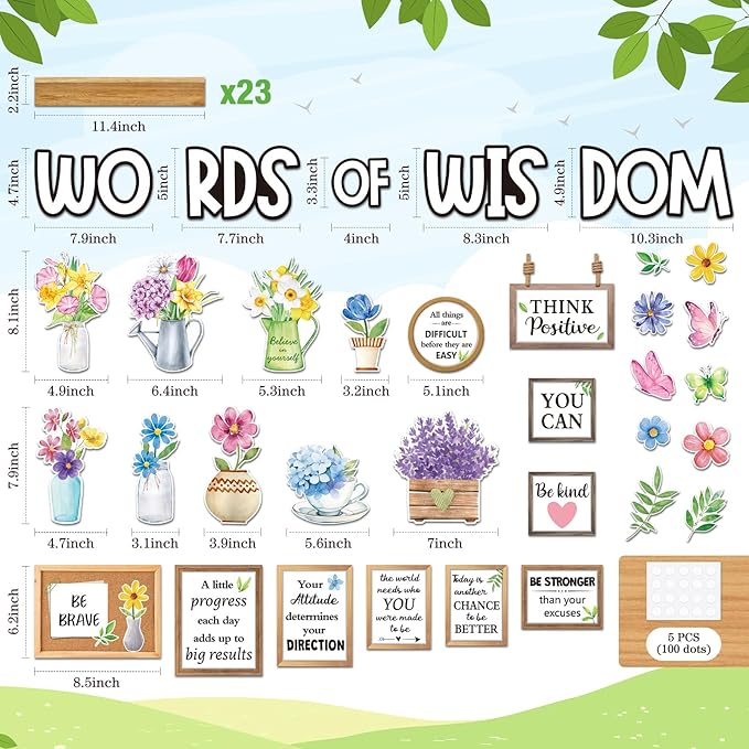 57 Pcs Spring Bulletin Board Set Inspirational Flower Bulletin Board Decoration Positive Cutout Classroom Decoration for School Office Home Teacher Classroom Wall Supplies